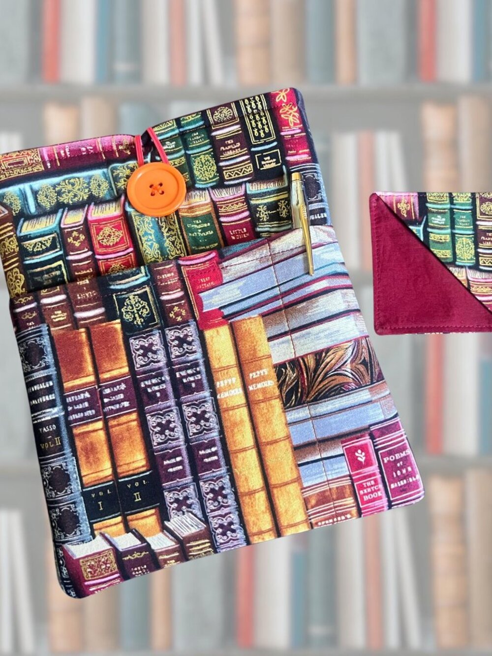 NWOT Book Sleeve & e-Reader Pouch, Button Closure, Front Pocket, Bookmark